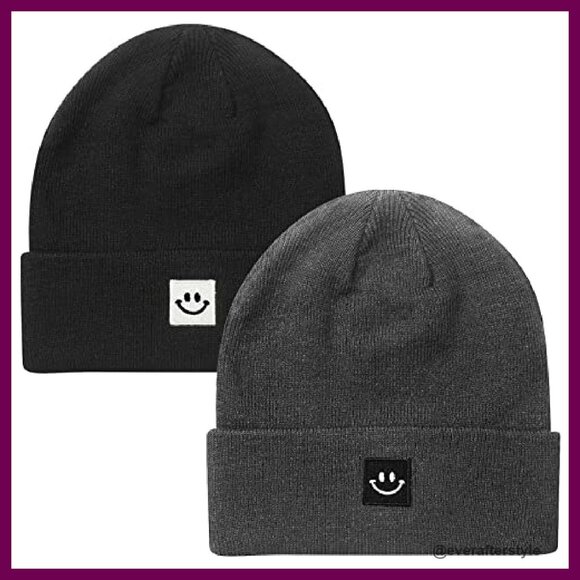 Stretchable Knit Beanie Hat 2-Pack Embroidered Happy Face Unisex Fit